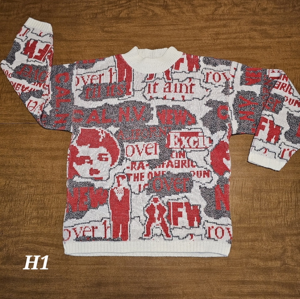 Vtg La Vista Women's 80 AOP Charlie Chaplin Cartoon OOP Graphic Sweater Large H1